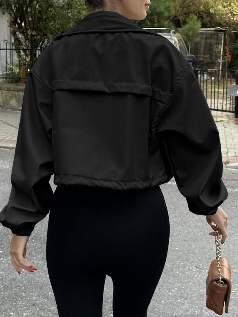 Product Introduction of Women's Solid Zip Up Crop Jacket, Casual Fashionable Pocket Lightweight Outerwear, Ladies Spring & Fall Clothes, Clothes for Women 8