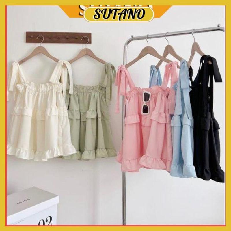 Áo kiểu nữ bánh bèo áo 2 dây babydoll chất thô lụa buộc nơ vai kiểu dáng hàn quốc A91 SUTANO