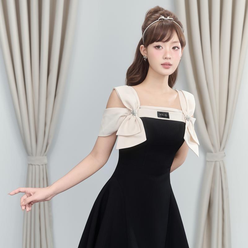 SOLEIL - Váy Đầm Sterling Dress Thiết Kế Nữ Chiết Eo Dáng Xòe Ngắn Cổ Vuông Vai Phối Nơ Be Đính Đá Đen Tiểu Thư Đi Tiệc Đi Chơi VD03