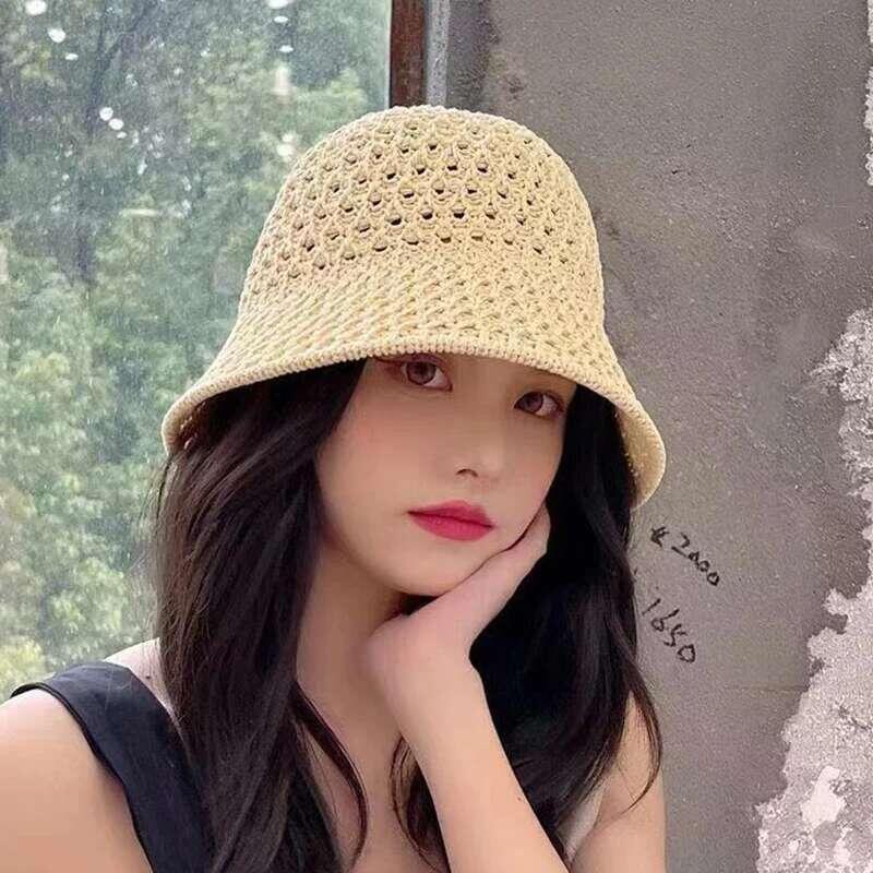 Product Introduction of Bucket Spring Summer Hollow Knitted Hat Solid Color Sunhat Fisherman Caps Casual Foldable Beach Cap 29