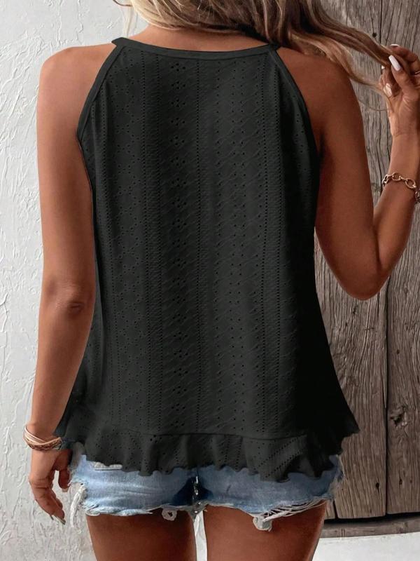 Plus Size Solid Eyelet Embroidery Lettuce Trim Ruffle Hem Halter Tank Top, Casual Sleeveless Top for Summer, Women's Plus Clothing for Daily Wear 1