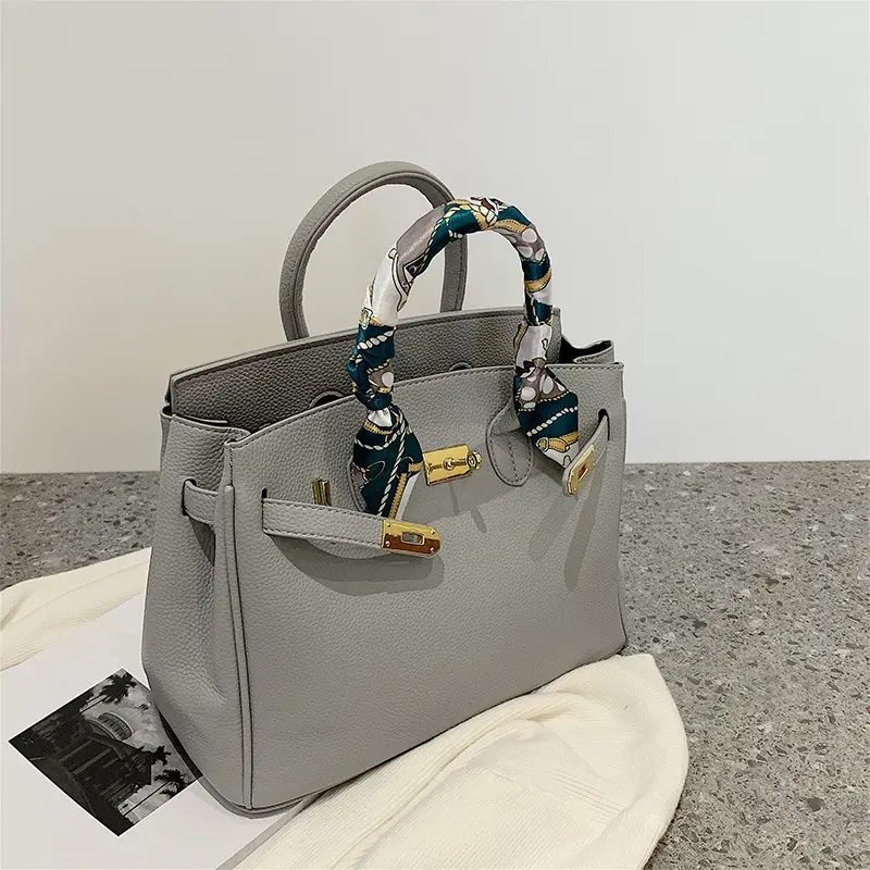 2025 New European and American Style High-Quality Scarf Lychee Pattern Birkin Bag Handbag Shoulder Crossbody Trendy Women's Bag Cross-Border