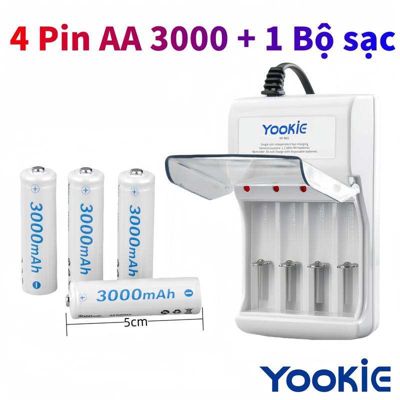 Pin AA 3000mAh + Bộ sạc, Dùng cho đồ chơi trẻ em, điều khiển tivi, remote máy lạnh, micro, đèn Pin, Pin dự phòng, 【 10 tiếng sạc đầy pin, sạc không tự ngắt khi đầy, đèn luôn báo đỏ  
