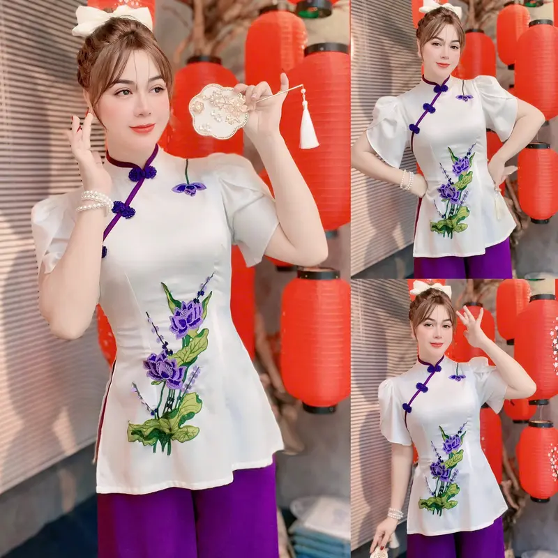 Bộ Bà Ba Đi Lễ Chùa (SD239) Bộ Đồ Lam Đi Chùa Hoa Sen Thêu Tay Phối Tréo Dễ Thương 3