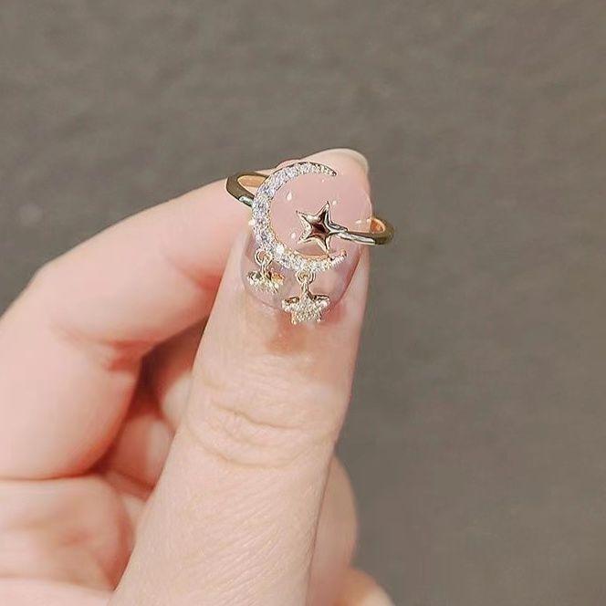 Product Introduction of Lynnroman Japanese Style Mild Luxury Star Moon Ring Female South Korea Fashion Open Ring Temperament Index Finger Ring Special-Interest Design 0