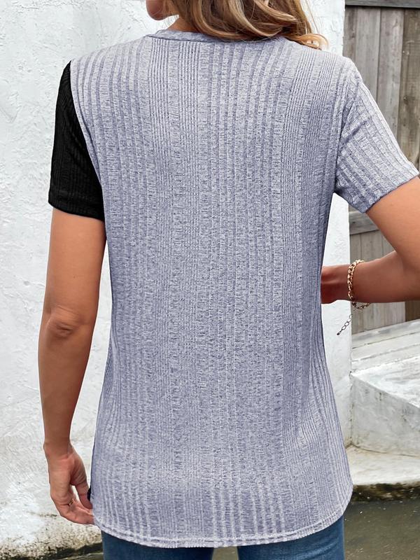 Women's Colorblock Asymmetrical Button Decor Split Hem Ribbed Crew Neck Tee, Summer Clothes, Casual Fashion Short Sleeve Round Neck T-shirt for Summer, Elegant Classy Tops, Womenswear 3