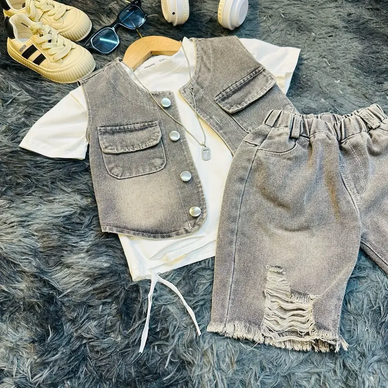 Bộ quần áo  BA LỖ JEAN MỀM cổ tròn màu xám bạc cho bé từ 8-30kg 4