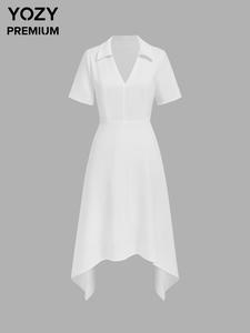 YOZY Women's Plain Asymmetrical Hem Collared Dress, Casual Short Sleeve Zipper Design Dress for Summer, Women's Clothing for Daily Wear