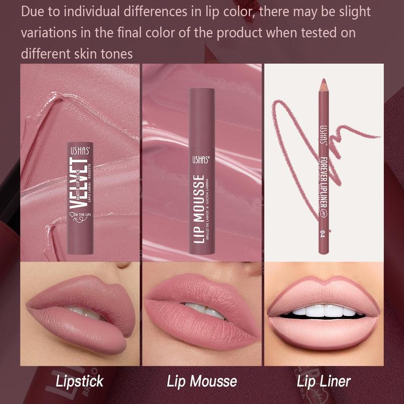 Product Introduction of Long Lasting Lip Makeup Set, 3 Counts/set Lipstick & Lip Gloss & Lip Liner, Moisturizing Lip Makeup Kit, Suitable for Daily Makeup, Valentine's Day Gift, Makeup Products 7