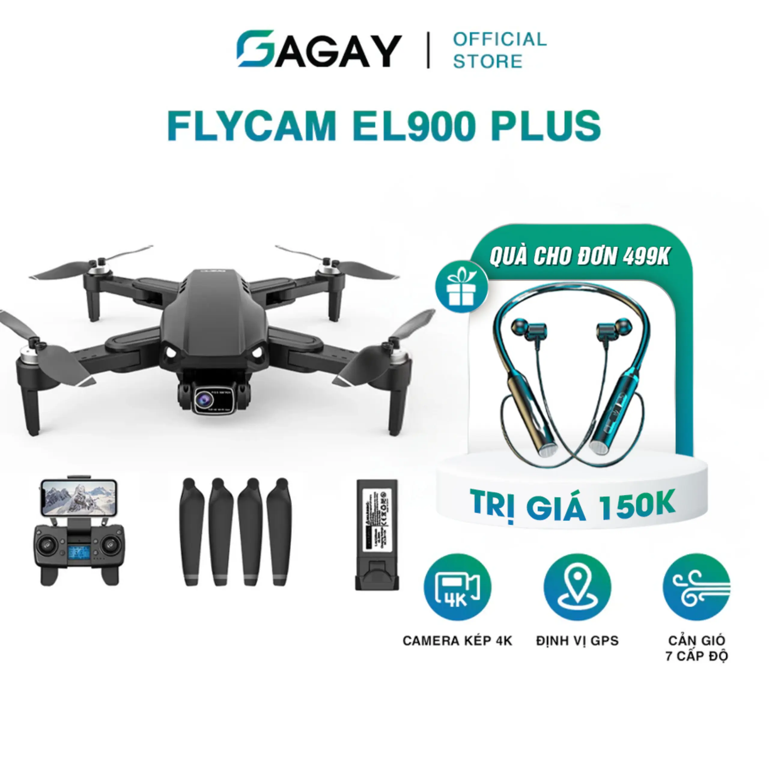 [Mua 1 Tặng 1] Flycam EL900 máy bay điều khiển từ xa camera 4K hình ảnh sắc nét dung lượng pin lớn định vị GPS bảo hành 12 tháng - GAGAY