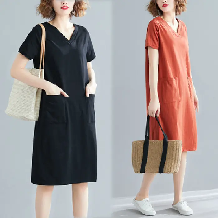 Quần Áo Nữ, Cỡ Lớn, Dáng Rộng Mùa Hè, Phong Cách Hàn Quốc, Áo Phông Dài Trung Bình Váy, Thích Hợp Cho Cô Gái Đầy Đặn, Màu Trơn Và Cổ Chữ V, Bó Sát, Váy ngắn Tay, Thời Trang
