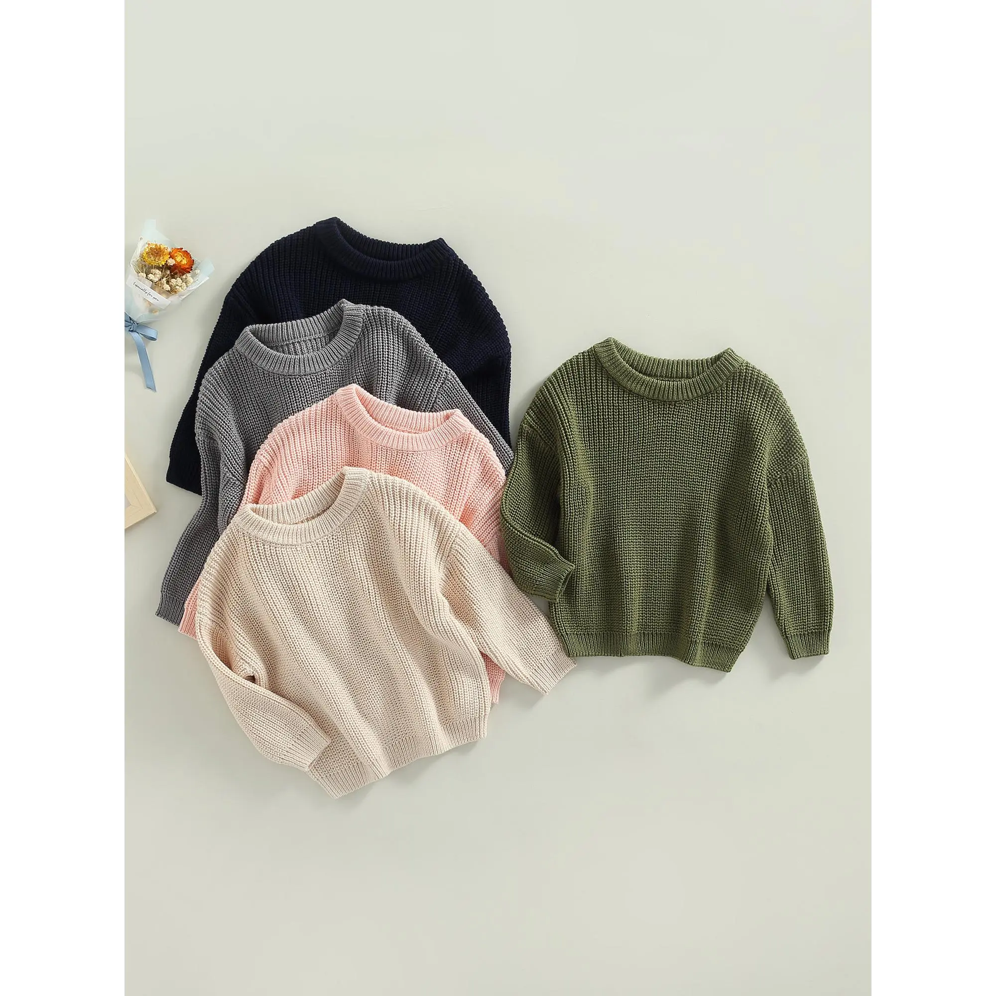 Toddler Baby Round Neck Sweaters, Long Sleeve Solid Color Loose Knitted Pullovers