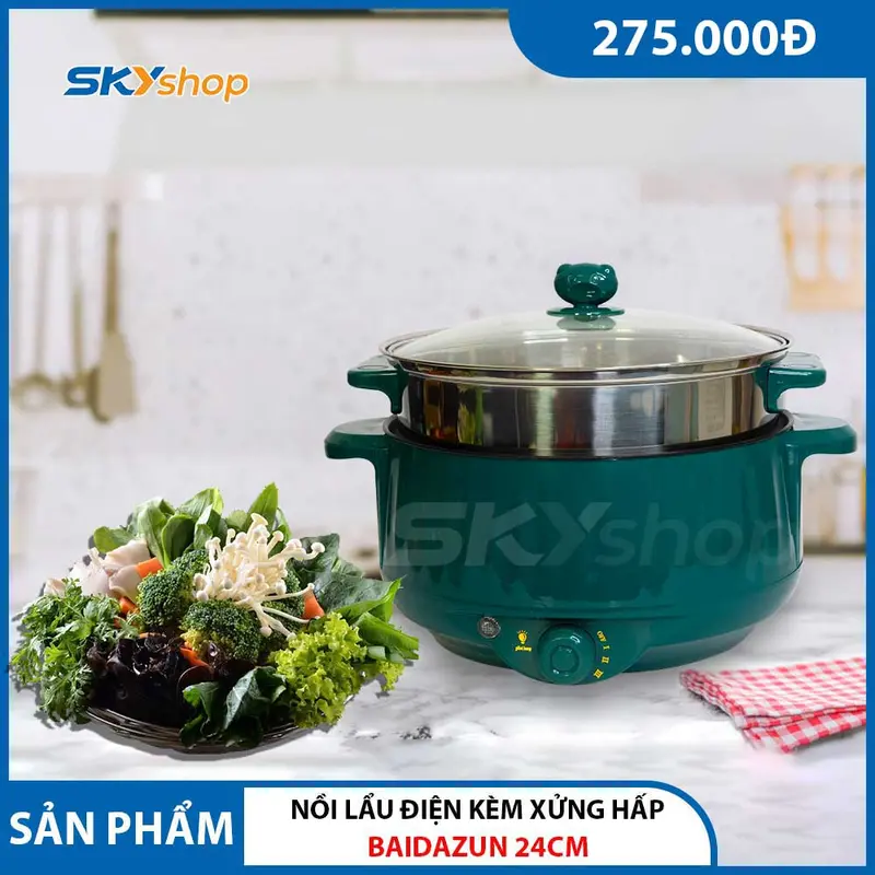 Nồi lẩu điện đa năng chống dính Mutltifunction Electric Pot Baidazun 24cm - Kèm xửng hấp 0