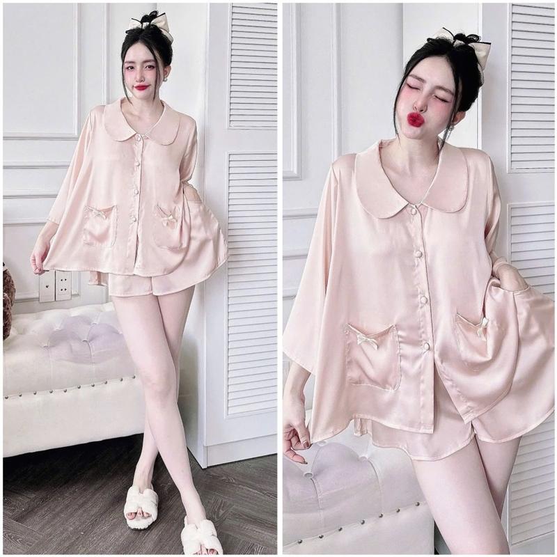 Đồ Ngủ Pijama Lụa HEUN YOUNG Bộ Đồ Pijama Áo Cổ Sen Tay Lửng Quần Đùi Lụa Latin Mềm Mịn Freesize 45-65kg Women Nữ Kem 2
