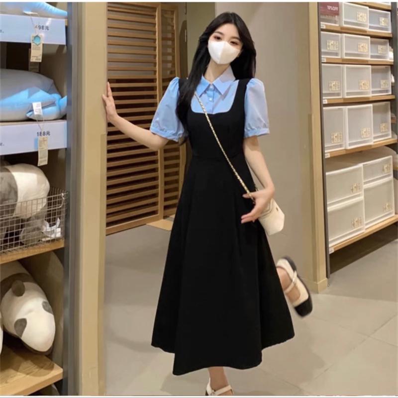 ￼Đầm váy đen sơ mi tay ngắn phối xanh biển công sở nữ tính thanh lịch 1