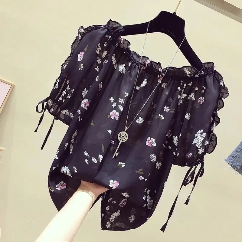 Áo Trễ Vai Cho Nữ, ngắn Tay, Phong Cách Hàn Quốc, Dáng Rộng Vừa Vặn, Ngọt Ngào, Che Bụng, Hoa, Áo Voan, Hàng Mới Về Mùa Hè 2024 Women Top