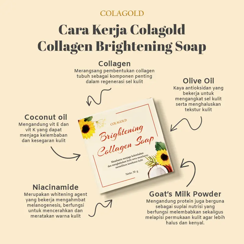 COLAGOLD Brightening Collagen Soap BANTU MENCERAHKAN KULIT SABUN COLLAGEN Mencerahkan Memutihkan Perawatan Almond Extract Melembutkan Membantu memudarkan/menyamarkan flek Hitam  melembabkan kulit kering dan kusam 6