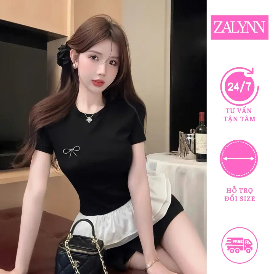 [Tặng nơ đá] Áo thun nữ nhún bèo ngắn tay xinh xắn phong cách tiểu thư điệu đà chất liệu mềm mại thoáng mát mới nhất mùa hè 2025 SM34 Zalynn. Women Top