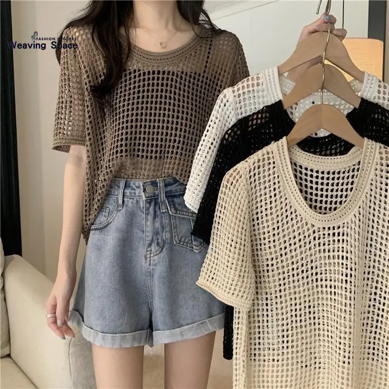 Áo Len Dệt Kim, Áo Nữ, Tay Ngắn, Vỏ Ngoài, Dệt Kim, Thiết Kế khoét Chống Nắng, Phong Cách Nhẹ Nhàng, Mỏng, Ngắn. Hàng Mới Về