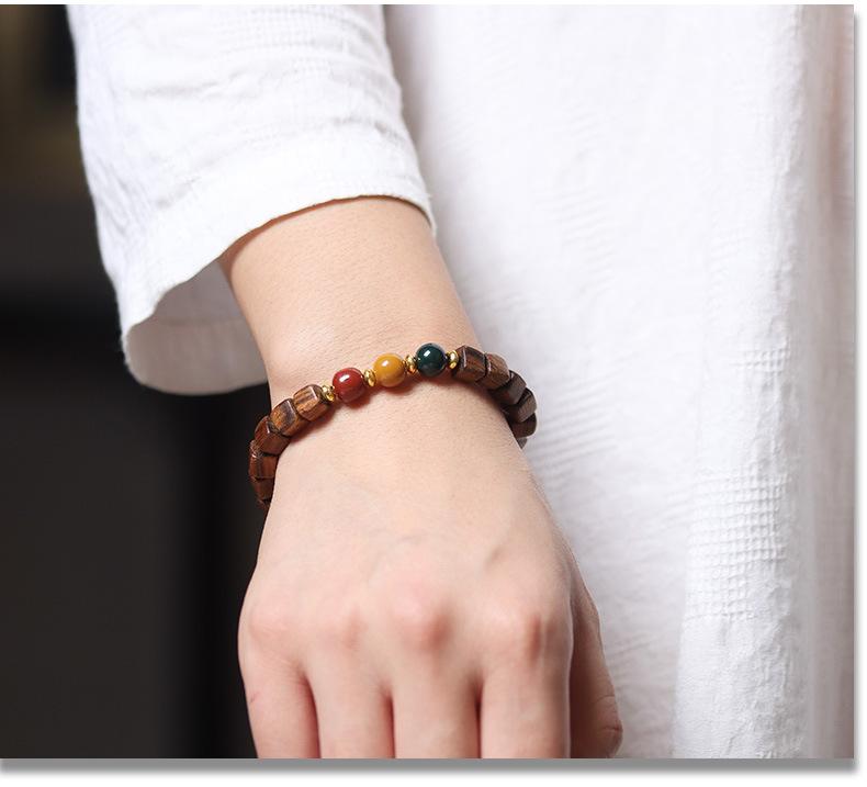 Product Introduction of New Chinese style, black rosewood, sandalwood, sugar cube beads, block beads, bracelet, three-color beads, traffic light pattern, ethnic style, wristband 6