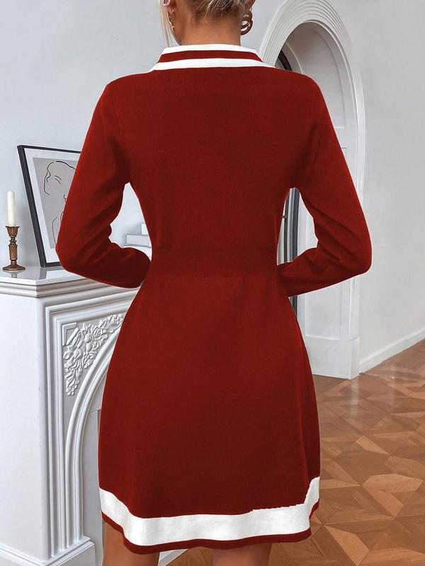 Women's Colorblock Striped Print Button Front Sweater Dress, Casual Long Sleeve Collared A Line Dress for Fall & Winter, Women's Knitwear for Daily Wear 5