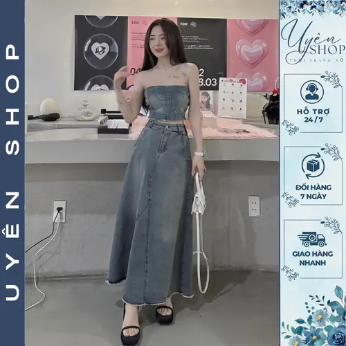 Set váy - đầm jean bò denim cúp ngực, áo quây ngực chun lưng phối chân váy jean dáng dài siêu hot
