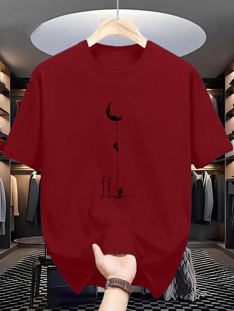 Product Introduction of Men's Moon Landing Graphic T-Shirt - Comfortable & Stretchy, Perfect for Summer Outdoor Activities | Street Casual Style with Round Neck in Black, Burgundy, Dark Green, Blue, Grey Customized Photo T-shirt 2