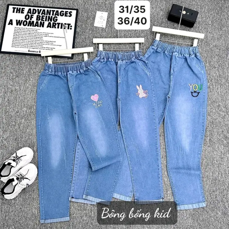 Quần bò thêu cho bé gái, quần jeans lật gấu ôm cho bé gái sz (18-40 kg)( hình thêu) 1