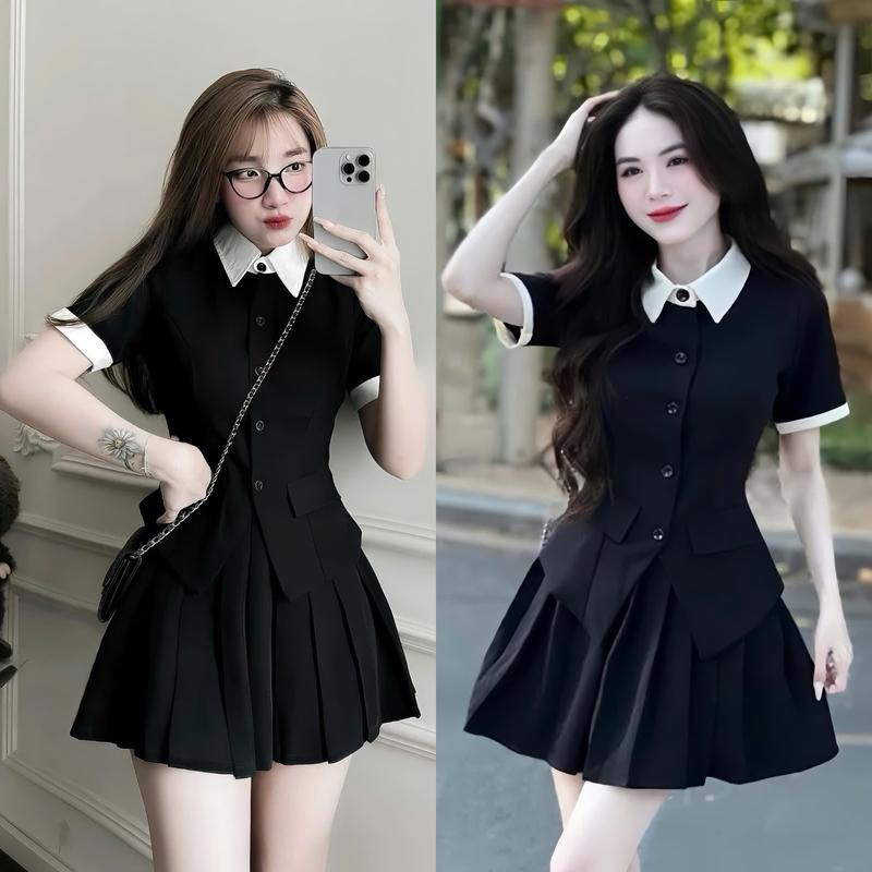 Set đồ nữ vest áo phối cổ sơ mi đính nút cài thật tay ngắn kèm chân váy xếp ly [Có Lót] xinh xắn dành cho các nàng diện đi chơi, đi tiệc
