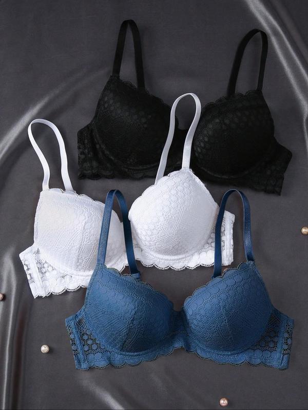 Women's Solid Color Lace Push Up Bra, Comfortable Breathable Underwire Bra, Soft Lingerie for Daily Wear 7