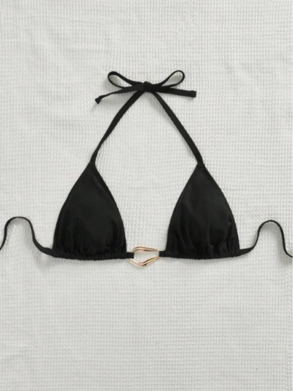 【Plus Size】 Solid Color Metal Decor Halter Bikini Top, Casual Tie Back Swim Top for Beach Holiday Vacation, Women's Swimwear for All Seasons 2