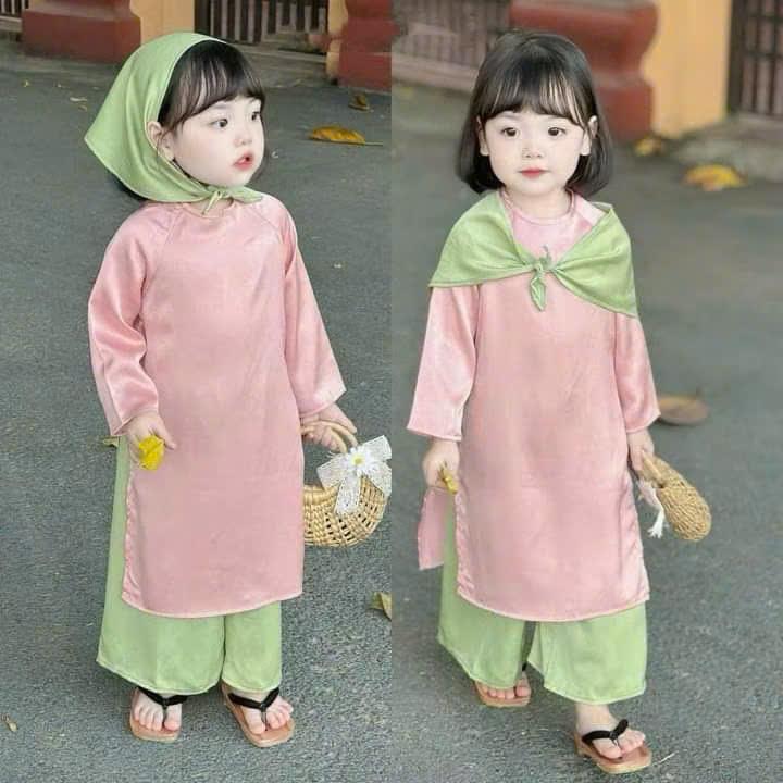   6-25KG  Áo dài cách tân Âo Hồng + Quần Xanh cho bé gái chất lụa mềm G160 