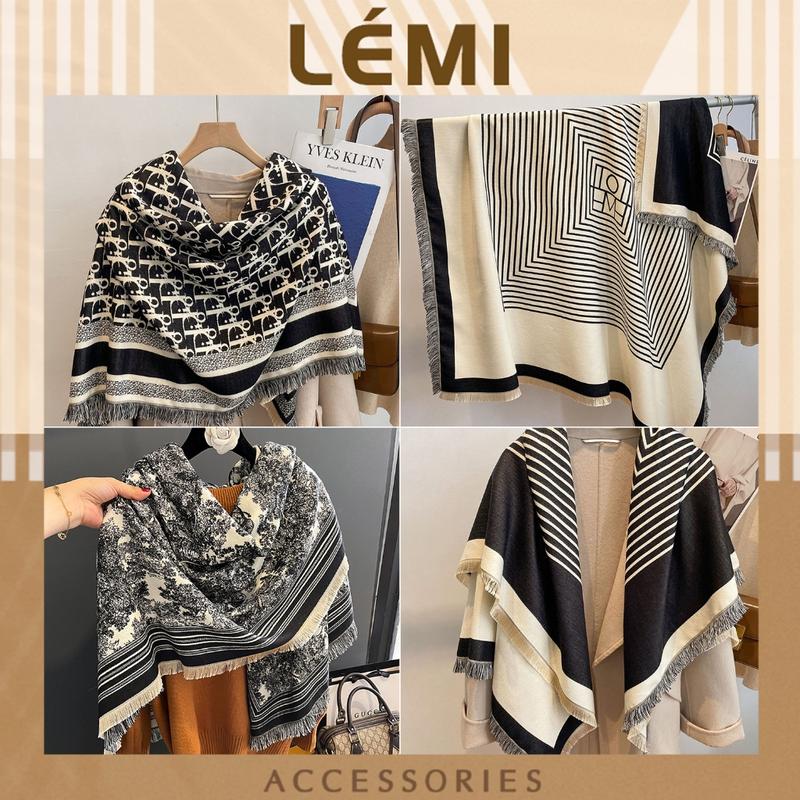 Khăn choàng dạ mềm bản vuông lớn 135cm Lémi Khăn choàng dày dệt 2 lớp 2 mặt thời trang Hàn Quốc Quàng Cổ Women Choàng Cổ Len Sọc
