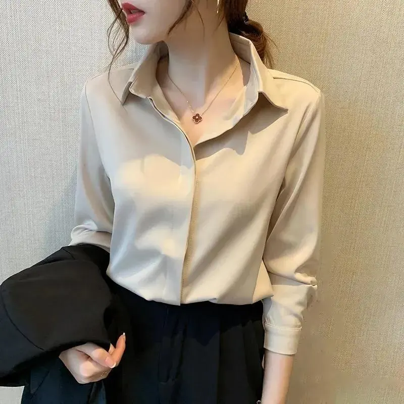 Áo Sơ Mi Lụa Nhân Tạo, Dành Cho Nữ, Hàng Mới Về 2023, Bộ Đồ Chuyên Nghiệp, Bên Trong Dài Tay, Thiết Kế Đẹp, Áo Độc Đáo Màu Trắng