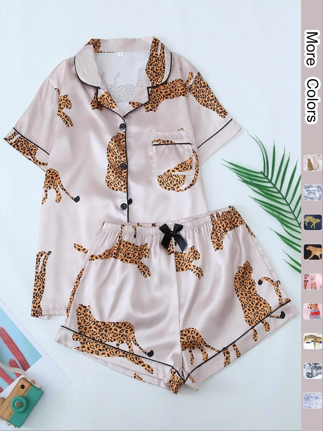 Women's Animal Print Button Front Shirt & Bow Decor Shorts Pyjama Set, Short Sleeve Collar Pocket Top & Elastic Waist Shorts Pj Set, Casual Comfortable Sleepwear Set for Women, Women's Pajamas Set, Sleep Sets