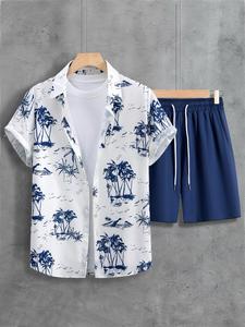 2 Pieces Men's Coconut Tree Print Pocket Shorts Set, Casual Button Front Shirt & Drawstring Shorts Set, Summer Clothes, Casual Summer Clothes Set, Menswear