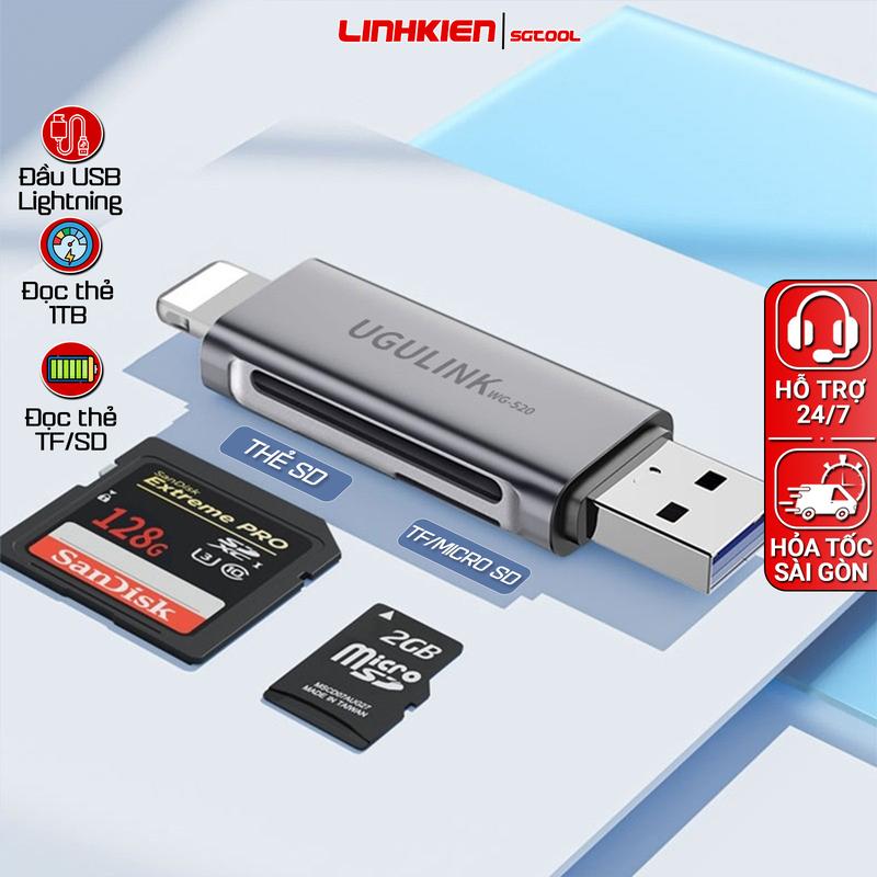  Đầu Đọc Thẻ Nhớ Đa Năng USB và Lightning Ra SD TF UGULINK cho Điện Thoại Máy Ảnh Laptop 
