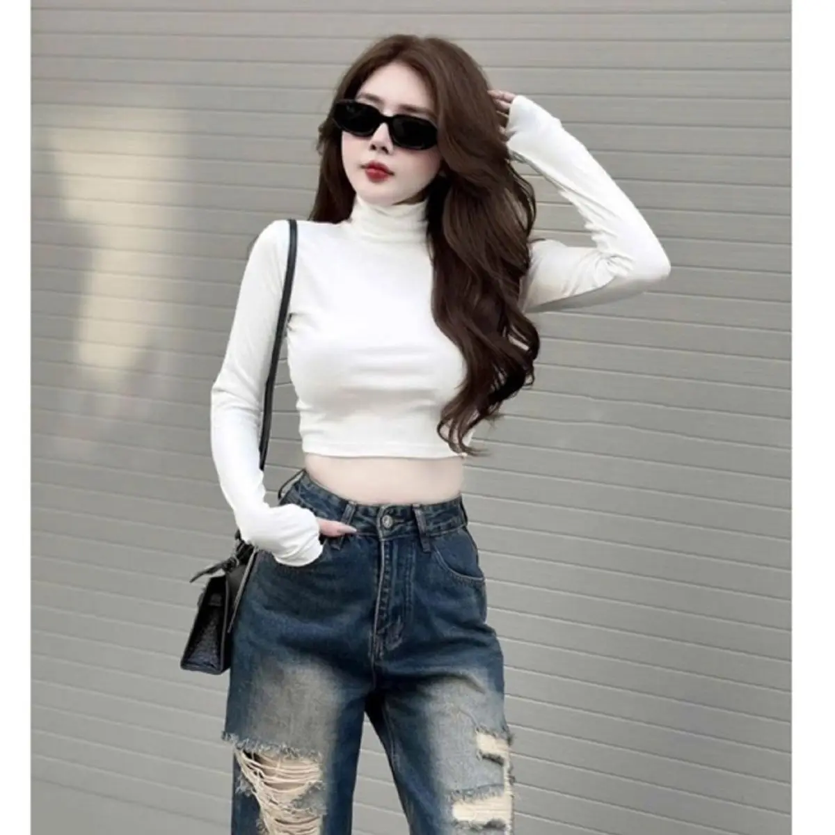 Áo thun croptop nữ cổ cao chất zip lông _ Áo thun nữ croptop cá tính