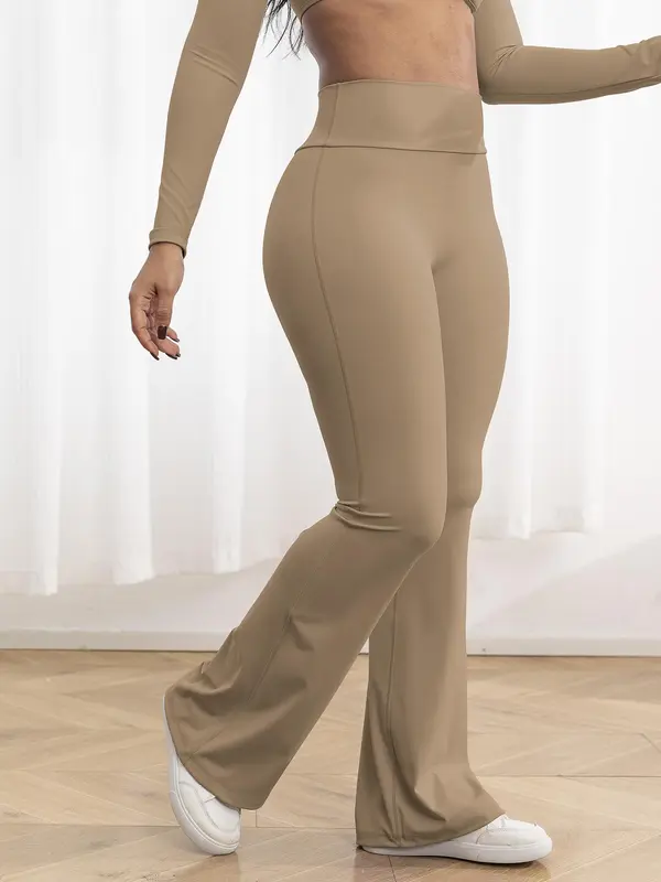 【Plus Size】 Solid Color Flare Leg Sports Pants, High Stretch Yoga Pants, Ladies Sportswear for Indoor Outdoor Wear 5