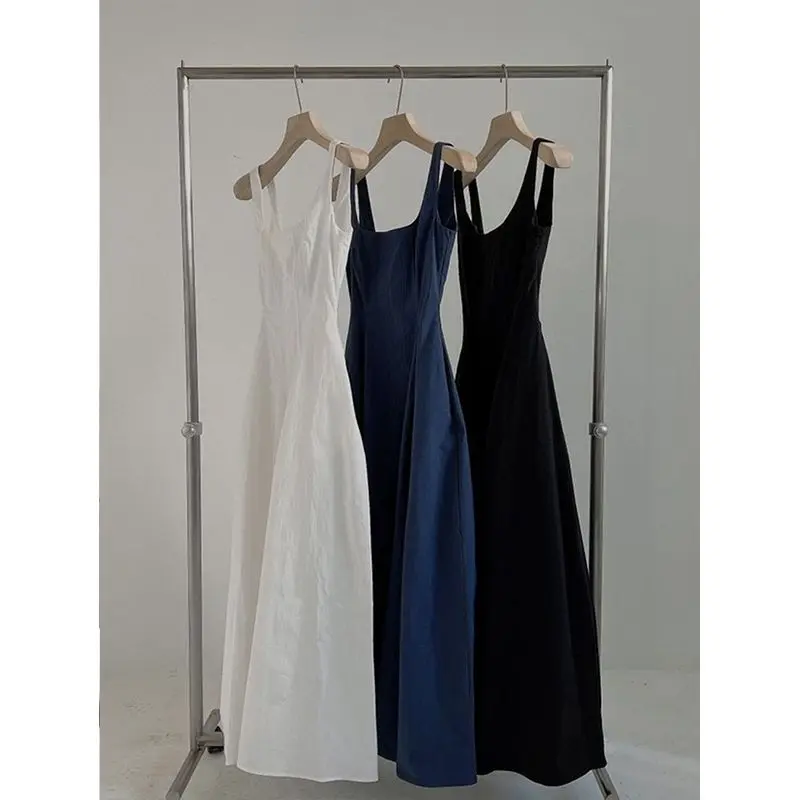 Summer new slim-fit solid color off-shoulder midi sleepveless dress for women