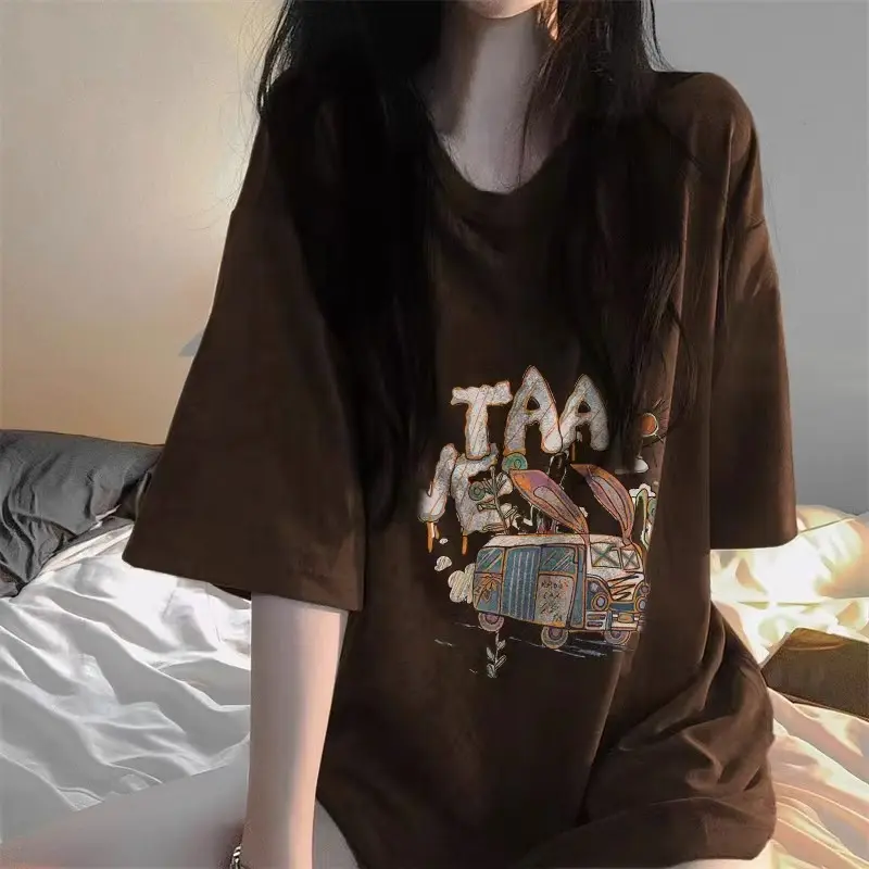 Áo thun nữ bigsize Nâu vintage thời trang nữ tee 100%cotton Top Women