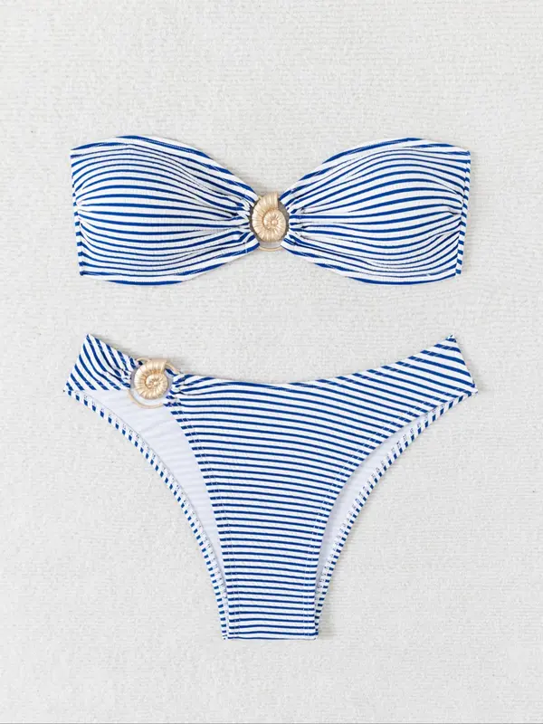 Women's Striped Print Bikini Set, Casual Fashion Chic Swimwear Set for Beach Holiday Vacation, Ladies Swimsuit for All Seasons, Swimsuit for Women, Bikinis Sets, Bikini Outfits, Summer Beach Bikini, Swimsuit Style Bandeau Bathing Suit, Summer Swimsuit Set 2