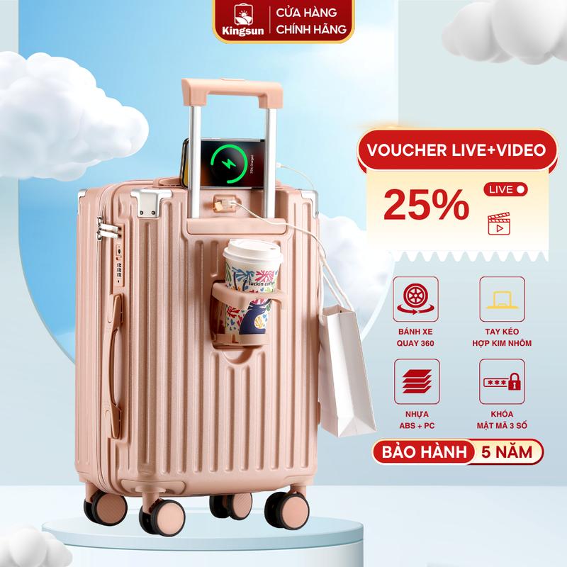 Vali Kéo Du Lịch 302 Cao Cấp Size 20/24 Kingsun (Khay Để Cốc/Cổng Sạc USB/Móc Treo Đồ) Bảo Hành 5 Năm