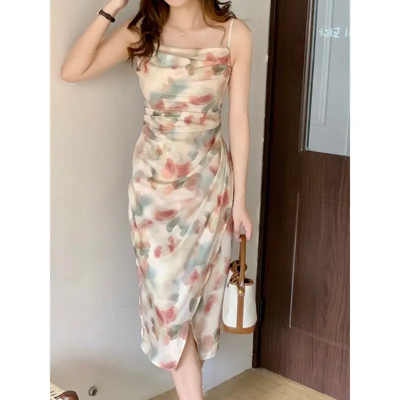 7873 midi dress putih cantik ke pantai press body tanpa lengan motif bunga wanita korean style gaun pesta mewah elegan import 7