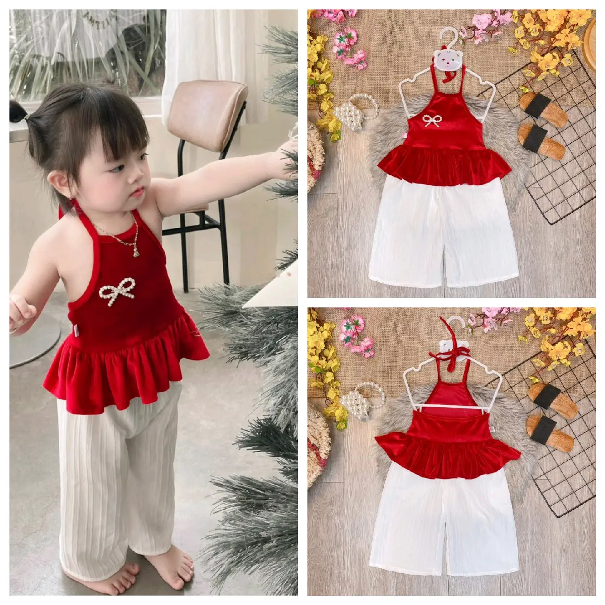 Sét Yếm Nhung Đỏ Quần Ống Xuông Phom Rộng Cho Bé Mặc Lễ Tết