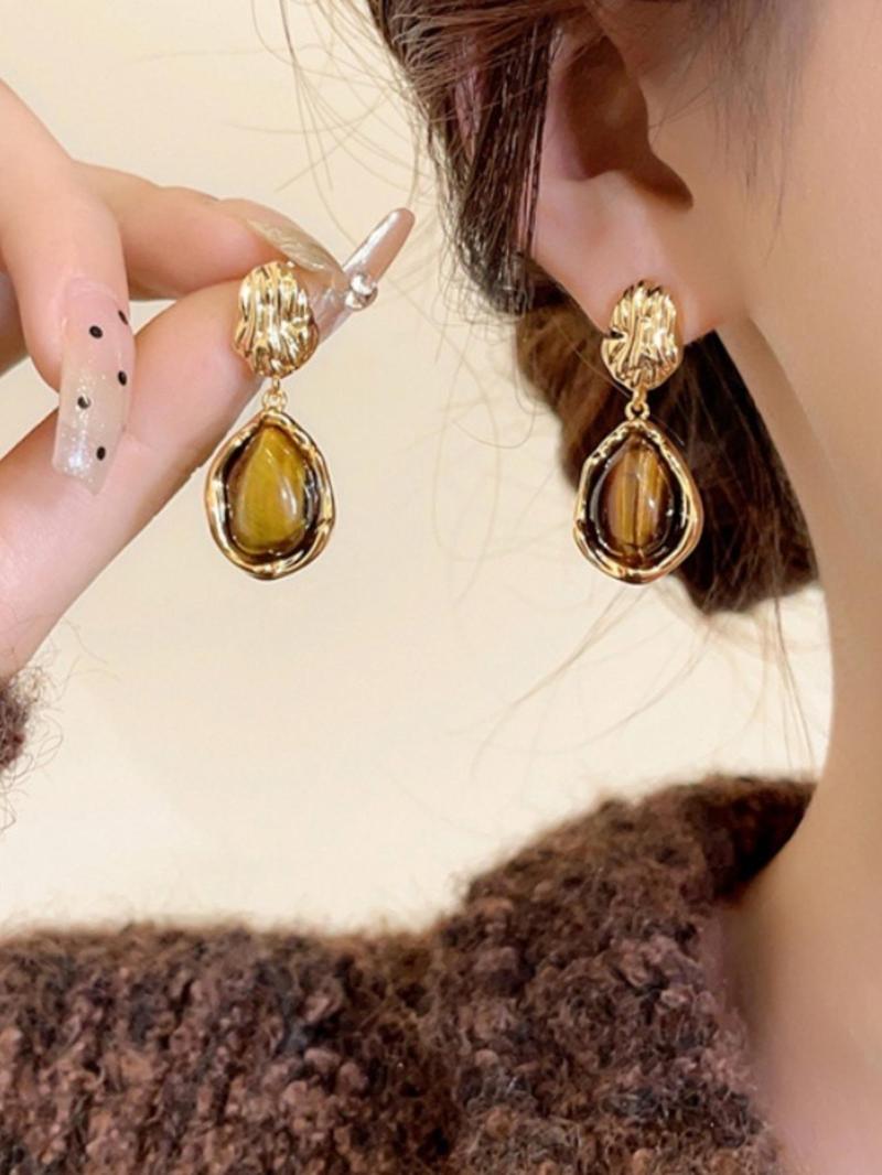 Product Introduction of Vintage Tiger Eye Stone Decorated Earrings Set, Elegant Geometric Design Earrings for Women, Trendy All-match & Exquisite Jewelry for Birthday Gift 8
