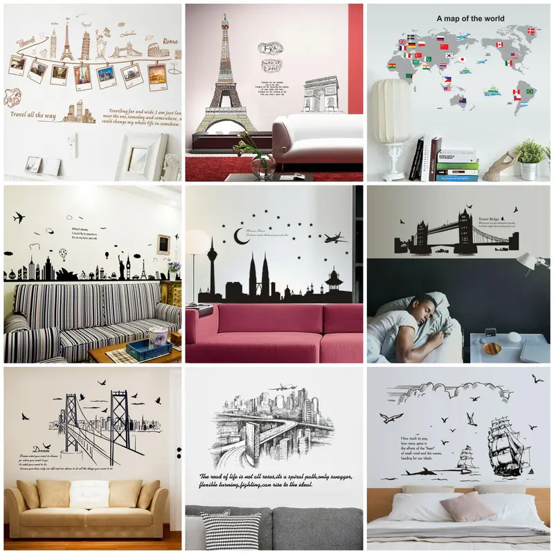 Juragan Stiker Dinding Kota Paris Sanghai Dubai Warna Hitam Bahan Vinyl PVC Pekerat Kuat dan Tahan Air untuk Kamar Tidur Ruang Tamu Aesthetic 1