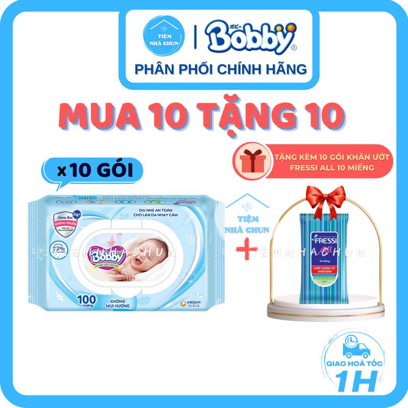 [KHĂN ƯỚT BOBBY] - Lốc 10 Gói 100 Miếng Khăn Giấy Ướt Em Bé Bobby Care Không Mùi/ Không Hương  (Bobby Xanh) - NHI.TNL / TIEMNHACHUN / TIỆM NHÀ CHUN