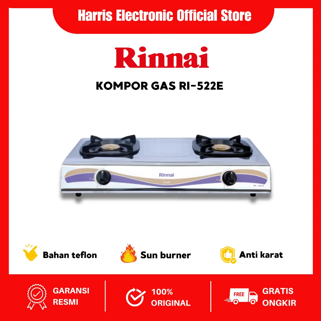 Rinnai Kompor Gas 2 Tungku RI-522E Bahan Stainless Steel / api ekonomis hemat gas / kompor anti karat