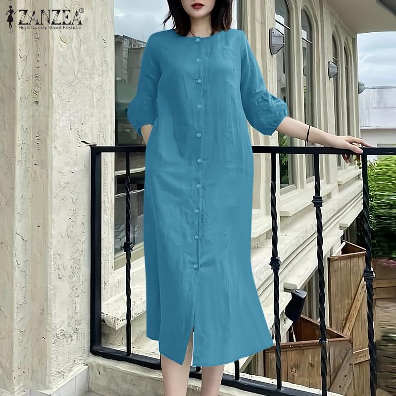 Váy Thường Ngày Cho Kỳ Nghỉ Của Phụ Nữ, ZANZEA, Tay Áo 3 / 4, Cổ Thuyền Chiều Dài Giữa Bắp Chân, Màu Trơn Váy Hàng Ngày 0